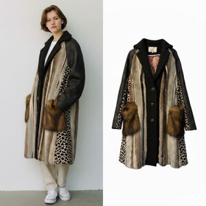 Byron Lars Beauty Mark Faux Fur Patchwork Coat – Leopard & Textured Panels Sz 6